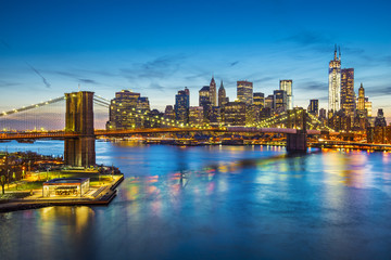 Brooklyn Bridge in New York City viewed from above East River