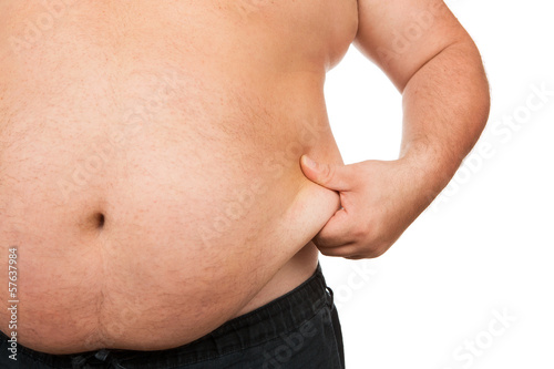 Photo Fat man checking out his weight isolated on white background
