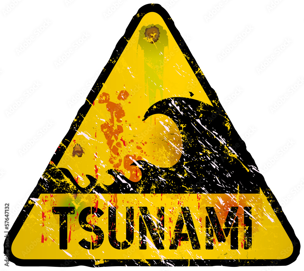tsunami warning sign, heavy weathered, vector eps 10 - obrazy, fototapety, plakaty 