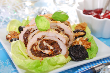 Wall Mural - turkey roulade with prune and walnuts for christmas