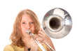 closeup of young woman in yellow with trombone