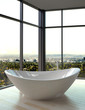 Modern white bathtub against huge windows