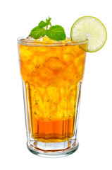 glass of ice tea with lemon on white background