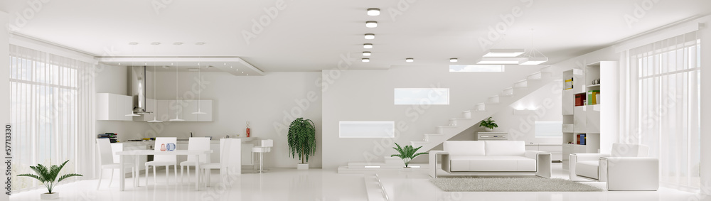 Interior of white apartment panorama 3d render - obrazy, fototapety, plakaty 