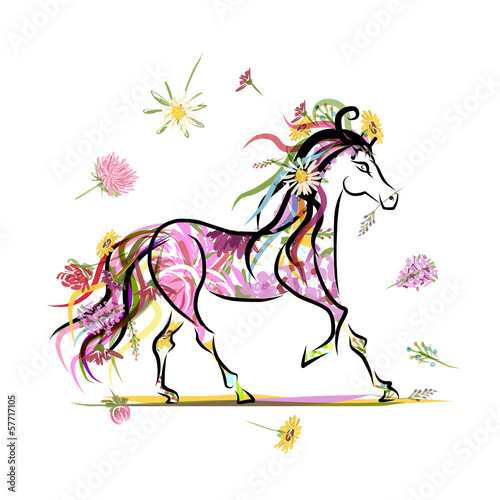 Fototapeta na wymiar Horse sketch with floral decoration for your design. Symbol of