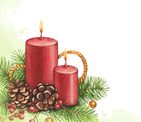 Watercolor christmas illustration. Candle and pine