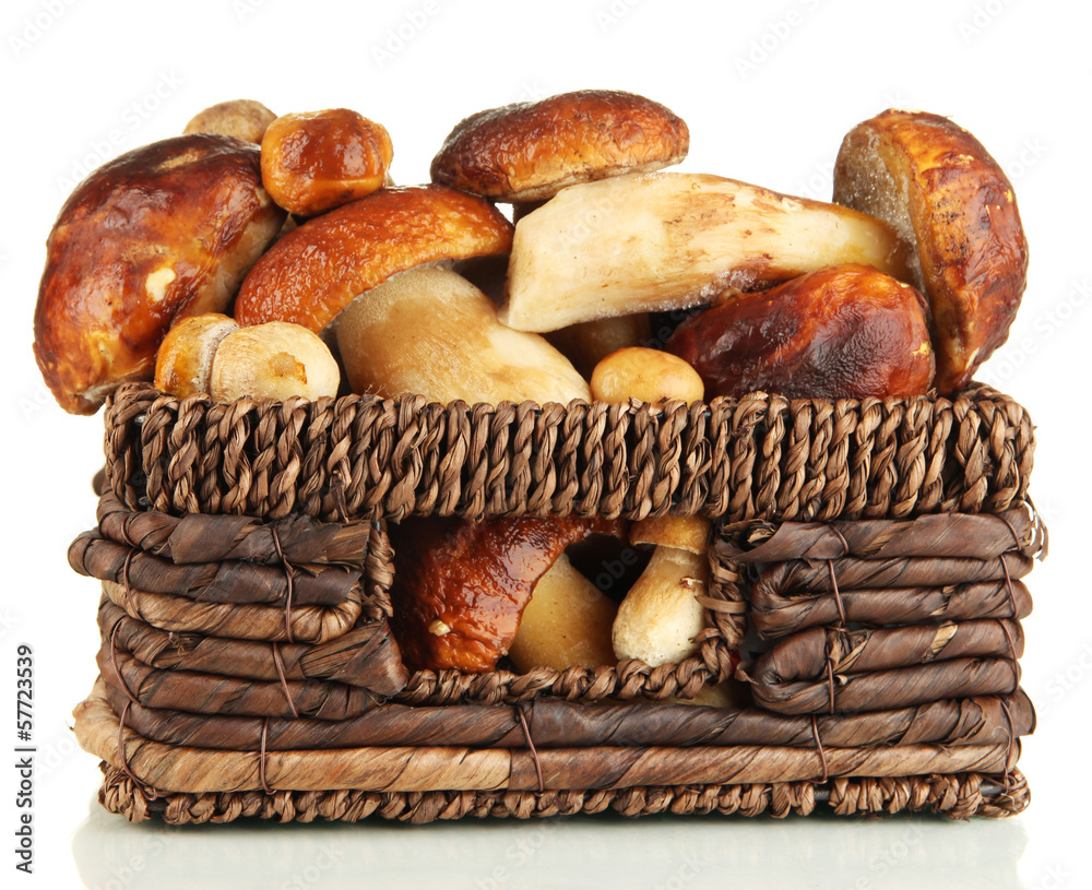 Fresh mushrooms in basket isolated on white
