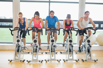 Wall Mural - Determined people working out at spinning class in gym