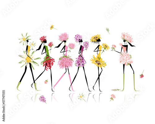 Fototapeta na wymiar Girls dressed in floral costumes, hen party for your design