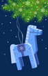 Лошадь- синяя деревянная висит на елке.Векторная иллюстрация