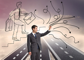 Poster - Composite image of smiling businessman holding something up in t