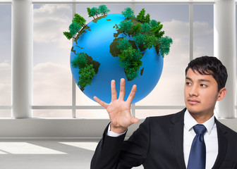 Poster - Composite image of unsmiling businessman holding and pointing