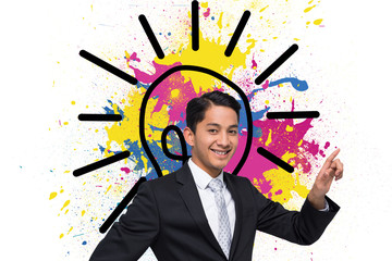Poster - Composite image of smiling asian businessman pointing