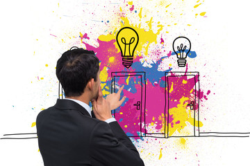 Poster - Composite image of thoughtful asian businessman pointing