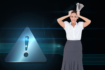 Poster - Composite image of worried stylish businesswoman holding newspap