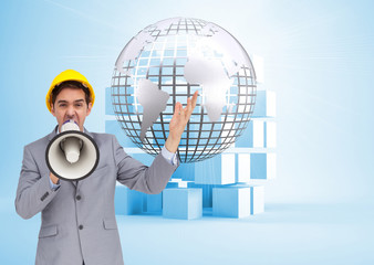 Poster - Composite image of architect with hard hat shouting with a megap