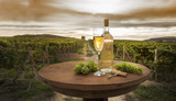 Fototapeta  - still life with white wine on vineyard background