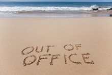 Out Of Office. Concept Image In The Sand On Hawaii Beach.