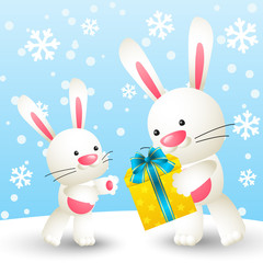 Wall Mural - Cute white rabbits with gift