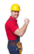 © tiero - Yellow helmet handyman shows muscles positive expression. isolated white background