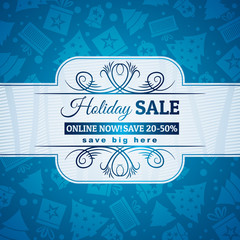 blue christmas background and label with sale offer, vector