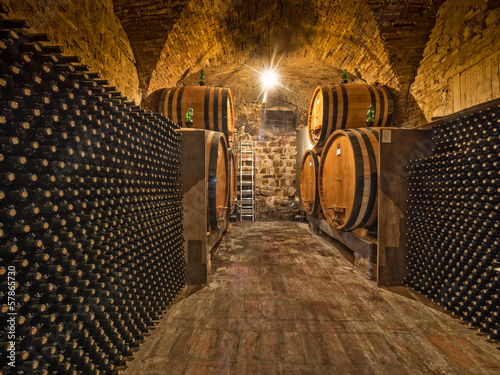 Obraz w ramie wine cellar with bottles and oak barrels