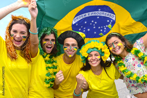 Fotografie, Tablou Group of happy brazilian soccer fans commemorating victory.