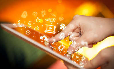 Poster - Finger pointing on tablet pc, social media concept