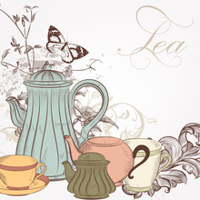 Hand Drawn Vector Background With Tea In Vintage Style