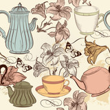 Seamless wallpaper background with hand drawn cups, teapots and