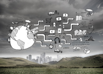 Poster - Black white graphic over cloudy landscape