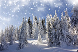 Fototapeta Na ścianę - Christmas background with snowy fir trees