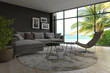 Modern living room interior with seascape view and palm tree