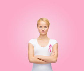 Wall Mural - woman in blank t-shirt with pink cancer ribbon