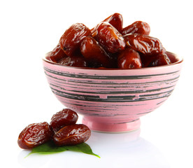 Wall Mural - Dried dates in bowl isolated on white