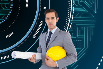 Poster - Composite image of serious architect holding plans and hard hat
