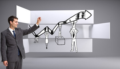 Poster - Composite image of smiling businessman holding something up in t