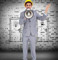 Wall Mural - Composite image of architect with hard hat shouting with a megap