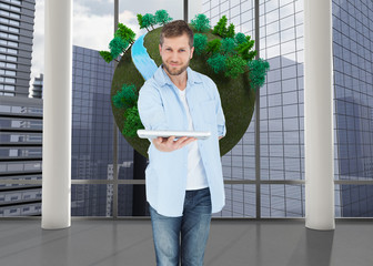 Aufkleber - Composite image of happy man showing laptop to camera and smilin