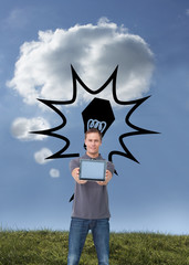 Poster - Composite image of young man showing screen of his tablet comput