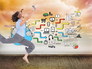 Poster - Composite image of happy classy businesswoman jumping while hold