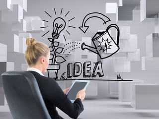 Poster - Composite image of businesswoman sitting on swivel chair with ta