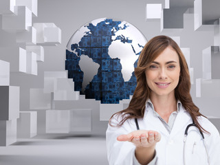 Poster - Composite image of portrait of female nurse holding out open pal