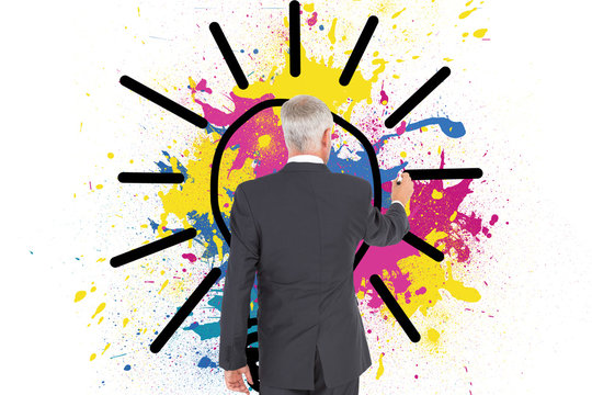 Composite image of rear view of businessman standing and writing