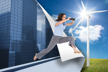Poster - Composite image of cheerful classy businesswoman jumping while h