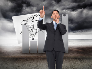 Poster - Composite image of thoughtful asian businessman pointing