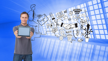 Poster - Composite image of young man showing screen of his tablet comput