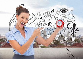 Poster - Composite image of businesswoman indicating alarm clock
