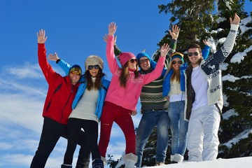 friends have fun at winter on fresh snow