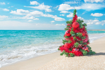 Canvas Print - Christmas tree on the sea beach. Christmas vacation concept.